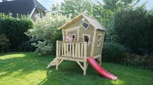 Drewniane domki - Domek cedrowy na filarach Crooky 300 Exit Toys z wodoodpornym dachem i zjeżdżalnią szaro beżowy_0