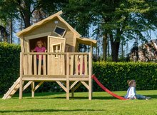 Drewniane domki - Domek cedrowy na filarach Crooky 350 Exit Toys z wodoodpornym dachem werandą i zjeżdżalnią szaro beżowy_1
