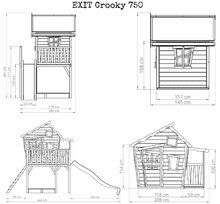 Drevené domčeky - Domček cédrový na pilieroch Crooky 750 Exit Toys s verandou vodeodolnou strechou 2,28 m šmykľavkou a pieskoviskom sivo béžový_1