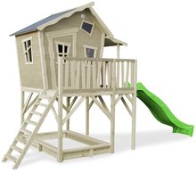 Drevené domčeky - Domček cédrový na pilieroch Crooky 750 Exit Toys s verandou vodeodolnou strechou 2,28 m šmykľavkou a pieskoviskom sivo béžový_0