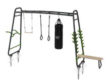 Višenamjenski fitnes centar  - Multifunkčná preliezka GetSet monkeybar MB330 Exit Toys rozšíriteľná s gymnastickými kruhmi boxovacím vrecom bradlami hrazdou a benchpress lavičkou ET54303000_4