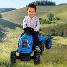 Detské šliapacie vozidlá - Traktor na šľapanie a príves Farmer XL Blue Tractor+Trailer Smoby modrý s polohovateľným sedadlom a so zvukom 142 cm_1