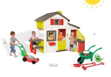 Spielhäuser mit Werkzeug - Set Häuschen Smobys Freunde mit Küche und Klingel Schubkarren- Set mit Mäher und Sandkasten Tisch_25