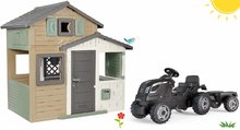 Domčeky sety - Set domček Priateľov ekologický v prírodných farbách a traktor na šliapanie Friends Evo Playhouse Green Smoby rozšíriteľný s prívesom Farmer XL Black_0