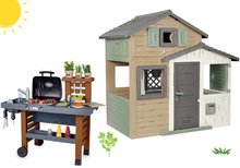 Domčeky sety - Set domček Priateľov ekologický v prírodných farbách a grill na záhradu Friends Evo Playhouse Green Smoby rozšíriteľný s kuchynkou s tečúcou vodou_0