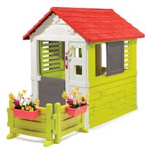 Kleine Spielhäuser für Kinder - Häuschen Nature Smoby 3 Fenster mit 2 Jalousien und einem Schiebeladen und ein Garten mit Klingel_0