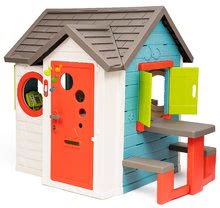 Kleine Spielhäuser für Kinder - Häuschen mit Gartenrestaurant Chef House DeLuxe Smoby mit Außenküche und Tisch mit Bänken_2