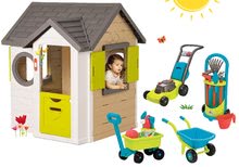 Hišice za otroke - Komplet hišica My Neo House DeLuxe Smoby z elektronskim zvoncem in voziček za vlečenje z z orodjem ter samokolnica s kosilnico_23