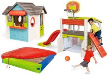 Spielhäuser mit Sandkasten - Set Häuschen mit Gartenrestaurant Chef House DeLuxe Smoby und ein Sportzentrum und ein Basketballkorb und ein Sandkasten mit Plane_48