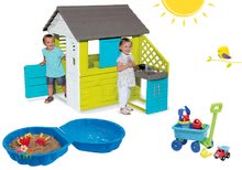 Domčeky s pieskoviskom - Set domček Pretty Blue Smoby s letnou kuchynkou dvojdielne pieskovisko Mušľa a vozík s vedro setom_4