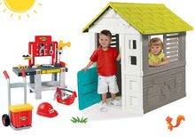 Cabanes avec outils - Maisonnette Jolie avec 3 fenêtres et 2 stores Smoby modré et atelier de travail Mecanics avec un coffre rouge et un casque à partir de 2 ans_11