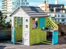 Cabanes avec toboggan pour enfants - Chalet Pretty Blue Smoby avec cuisine Bleu-vert 3 fenêtres avec 2 stores et 2 volets coulissants avec un filtre UV et 17 accessoires à partir de 2 ans._2