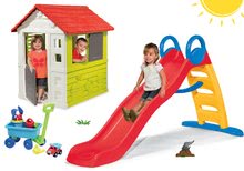 Skluzavky s domečkem - Set skluzavka Funny Toboggan Smoby 2 m a domeček Nature s okenicí a vozík s kbelíkem od 24 měsíců_15