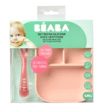 Babaétkészletek - Étkészlet Silicone Pink Beaba szilikonból 2-részes babakanál és tál rózsaszín 4 hó-tól_1