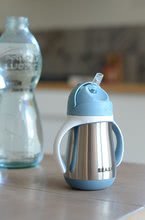 Căni cu cioc pentru bebeluși - Sticlă biberon cu pereți dublii Stainless Steel Straw Cup Beaba Windy Blue 250ml albastră din oțel inoxidabil de la 8 luni_0