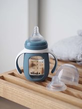 Căni cu cioc pentru bebeluși - Sticlă pentru a învăța să bea 2in1 Learning Bottle 210ml Blue Beaba cu husă din silicon albastru de la 4 luni_2