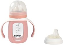 Lončki - Steklenička Bidon za učenje pitja 2v1 Learning Bottle 210ml Pink Beaba z rožnatim silikonskim ovitkom od 4 mes_2