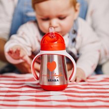 Pentru bebeluși - Sticlă cu pereti dublii Stainless Steel Straw Cup Beaba Mathilde Cabanas 250ml roșie din oțel inoxidabil de la 8 luni_1
