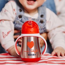 Pentru bebeluși - Sticlă cu pereti dublii Stainless Steel Straw Cup Beaba Mathilde Cabanas 250ml roșie din oțel inoxidabil de la 8 luni_2