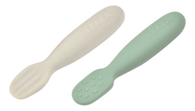 Cucharitas de aprendizaje ergonómicas Silicone Pre-Spoons Sage Green Velvet Grey Beaba de silicona para comer solos 2 unidades a partir de 4 meses
