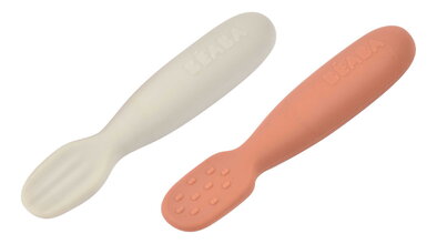 Cucharitas de entrenamiento ergonómicas Silicone Pre-Spoons Terracotta Velvet Grey Beaba de silicona para comer solos 2 unidades a partir de 4 meses