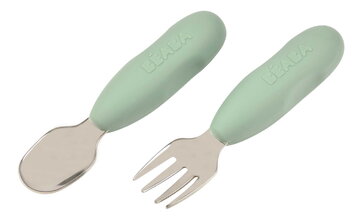 Erstes Kinderbesteck Edelstahl Pre-Cutlery Sage Green Beaba Grüne Gabel und Löffel ab 10 Monaten