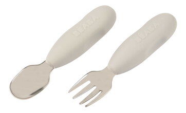 Primer cubierto infantil Stainless Steel Pre-Cutlery Velvet Grey Beaba tenedor y cuchara gris a partir de 10 meses