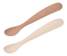 Erste Trainingslöffel First Age Silicone Spoons Clay Duo Beaba Aus Silikon zum selbstständigen Essen, in praktischer Verpackung: 2 Stück, braun, ab 4 Monaten