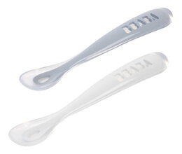 Erste Trainingslöffel First Age Silicone Spoons Pebble Cloud Blue Duo Beaba 2 Stück blau-weiß aus Silikon für selbstständiges Essen in praktischer Verpackung, ab 4 Monaten