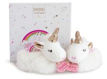 Îmbrăcăminte bebeluși - Papuci pentru bebeluși cu zornăitoare Unicorn Lucie la Licorne Doudou et Compagnie albi în ambalaj cadou de la 0-6 luni_2
