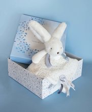 Zabawki do przytulania i zasypiania - Pluszowa przytulanka zajączek Bunny Happy Glossy Doudou et Compagnie niebieski 25 cm w opakowaniu upominkowym od 0 miesiąca_0