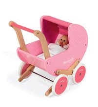 Drevené kočíky pre bábiky  - Set drevený kočík pre bábiky Mademoiselle Janod ružový s perinkou a darček bábika_1