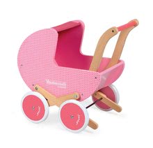 Spielküchen aus Holz - Set Holzküche Cote Janod rosa auf Rädern und ein Kinderwagen mit Puppe_5