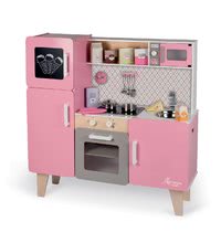 Dřevěná kuchyňka Macaron Big Cooker Janod elektronická, se zvukem a světlem a 15 doplňky růžová