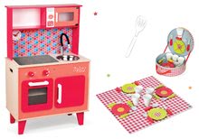 Set drevená kuchynka Spicy Cooker Janod červená a obedová súprava v kufríku