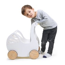 Leseni vozički za dojenčke - Leseni voziček labod Sweet Swan Pram Tender Leaf Toys z tekstilno blazino in odejico za 36 cm dojenčka od 18 mes_1
