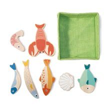 Fa játékkonyhák - Fa halacskák és tenger gyümölcsei Fish Crate Tender Leaf Toys 7 darab textil kosárban_0