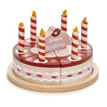 Bucătării de jucărie din lemn - Tort de ciocolată din lemn Chocolate Birthday Cake Tender Leaf Toys 6 felii cu 6 lumânări pe farfurie_0