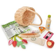 Dřevěné kuchyňky - Dřevěný košík s tulipány Wicker Shopping Basket Tender Leaf Toys s čokoládou limonádou sýrem a jinými potravinami_0