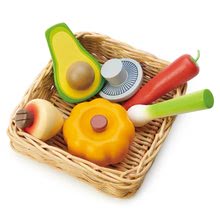 Drevené kuchynky - Drevený košík so zeleninou Veggie Basket Tender Leaf Toys s tekvicou avokádom hríbom a cibuľkou_0