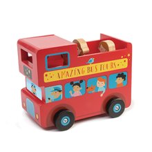 Drewniane samochody - Drewniany autobus piętrowy London Bus Money Box Tender Leaf Toys skarbonka z 4 figurkami_0