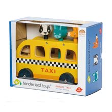 Mașini din lemn - Taxi galben din lemn Animal Taxi Tender Leaf Toys cu 3 animale și sunet de la 18 luni_1