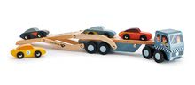 Drevené autá -  NA PREKLAD - Camión de madera Car Transporter Tender Leaf Toys con plataforma móvil y 4 coches_0