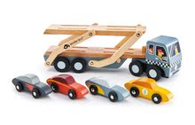 Drewniane samochody - Drewniany samochód Car Transporter Tender Leaf Toys z ruchomą platformą i 4 samochodzikami_3