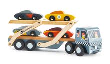 Dřevěná auta  - Dřevěný kamión Car Transporter Tender Leaf Toys s pohyblivou plošinou a 4 autíčky_0