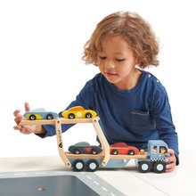 Fa kisautók - Fa kamion Car Transporter Tender Leaf Toys mozgatható platóval és 4 autóval_1