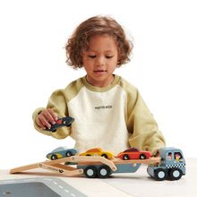 Drewniane samochody - Drewniany samochód Car Transporter Tender Leaf Toys z ruchomą platformą i 4 samochodzikami_2