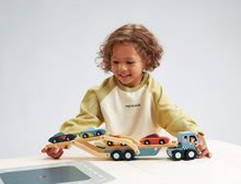 Drewniane samochody - Drewniany samochód Car Transporter Tender Leaf Toys z ruchomą platformą i 4 samochodzikami_1