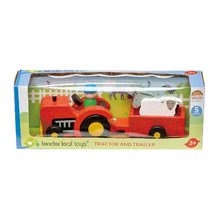 Dřevěná auta  - Dřevěný traktor s přívěsem Tractor and Trailer Tender Leaf Toys s farmářem ovcí a oslem_2