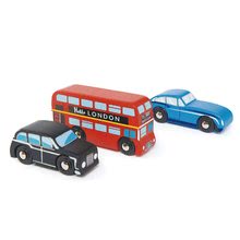 Drewniane samochody - Drewniane miasteczko London Car Set Tender Leaf Toys Autobus vintage Jaguar z Londynu, taksówka z Londynu_0